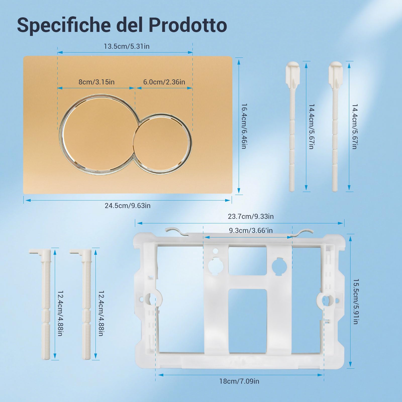 Piastra di Comando, con Barra di Fissaggio e Telaio di Montaggio, compatibile con Geberit, Sigma, UP300 e UP320, dimensioni della piastra di scarico 245×164 mm.(Oro)