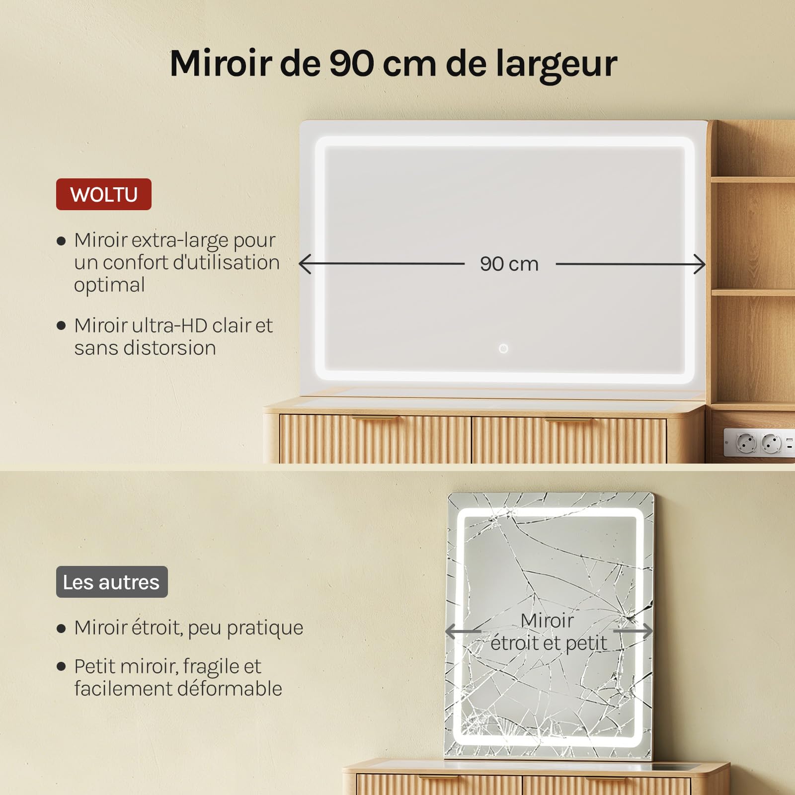 WOLTU Coiffeuse avec Grand Miroir LED, Éclairage Réglable, Multiprise, Plateau en Verre Trempé, Table Maquillage avec 2 Tiroirs à Diviseur Amovible, Armoire Latérale, Casiers Ouverts, Style Chêne