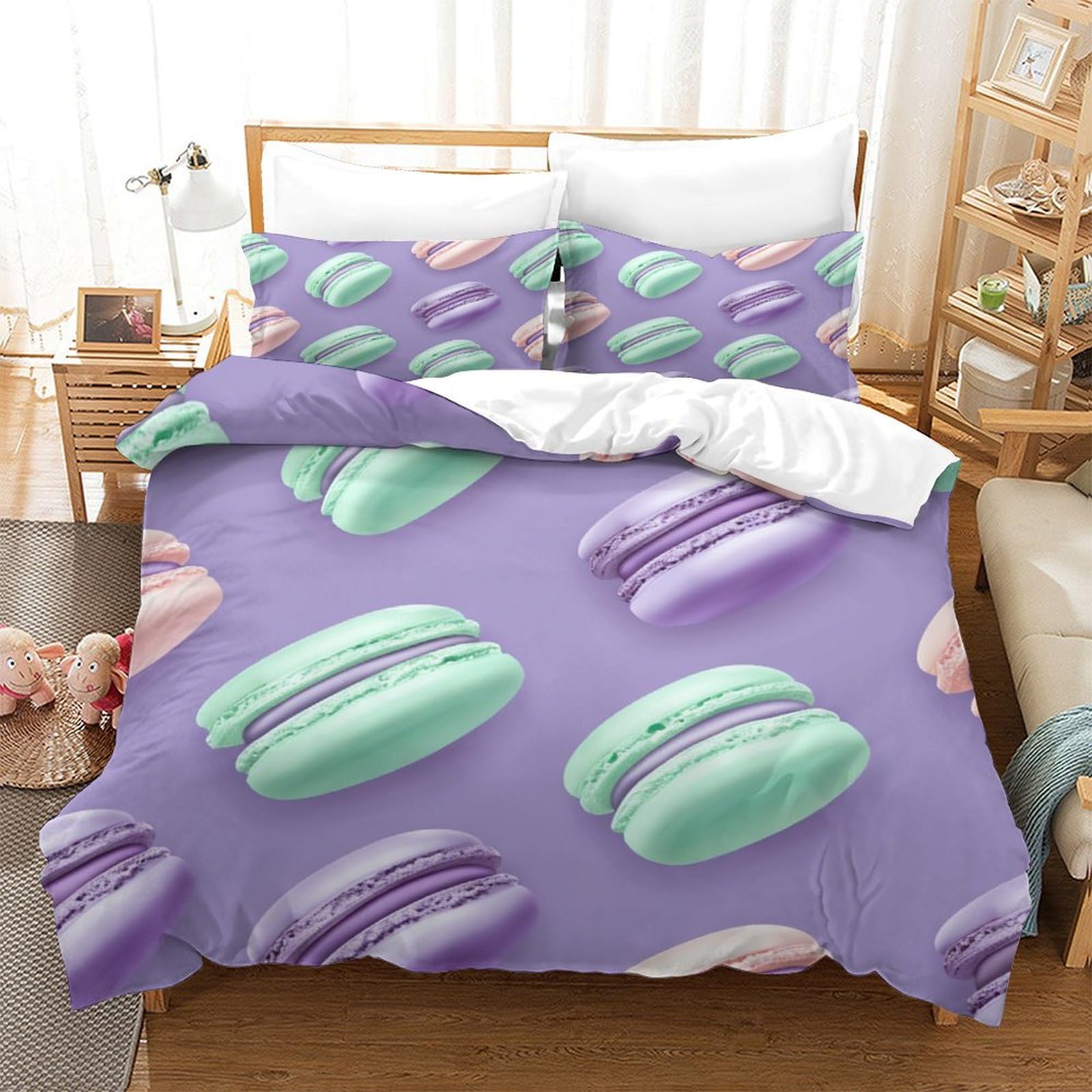 P1S9U7W5Y Colorful Macaron 3D Printed Duvet Cover Set 3pcs Microfiber Dessert Bedding Set Double（200x200cm）