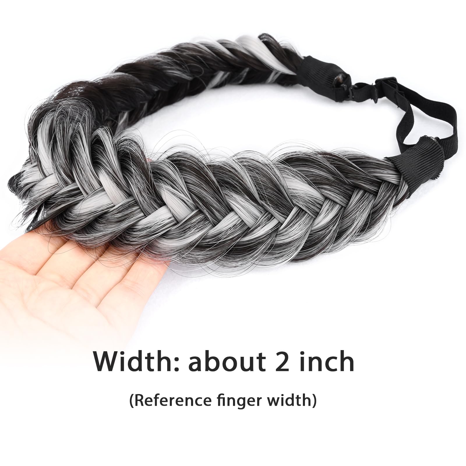 BOBIYA Messy Wide 2 Strand Synthetic Hair Braided Headband Classic Chunky Plaited Hair Headband (Salt Highlighted Pepper) - Image 4