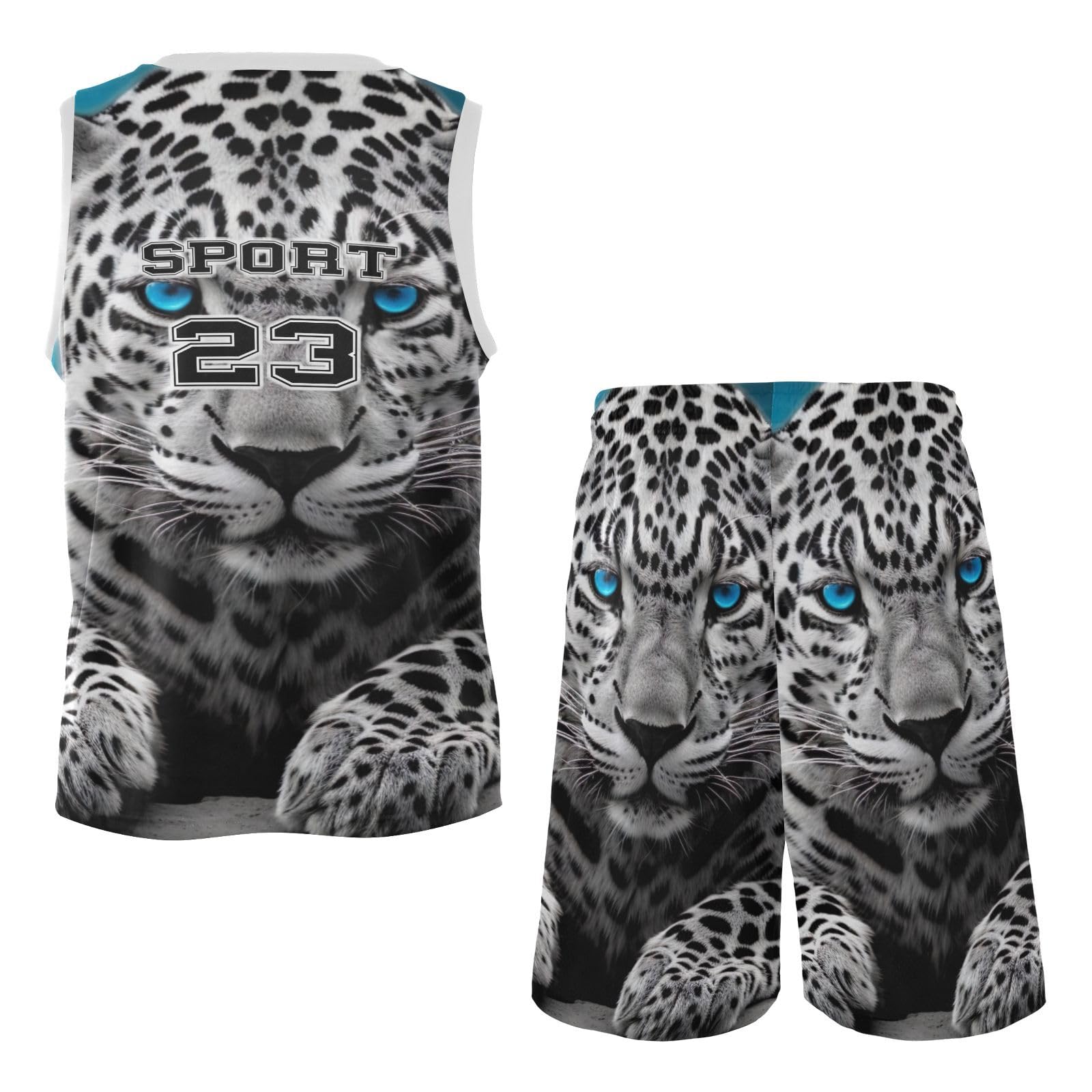FLildon Leopard Cheetah Blue Eyes Boys Basketball Jersey Set Tank Top Shorts Tracksuit Sport Training Suit for Kids, M