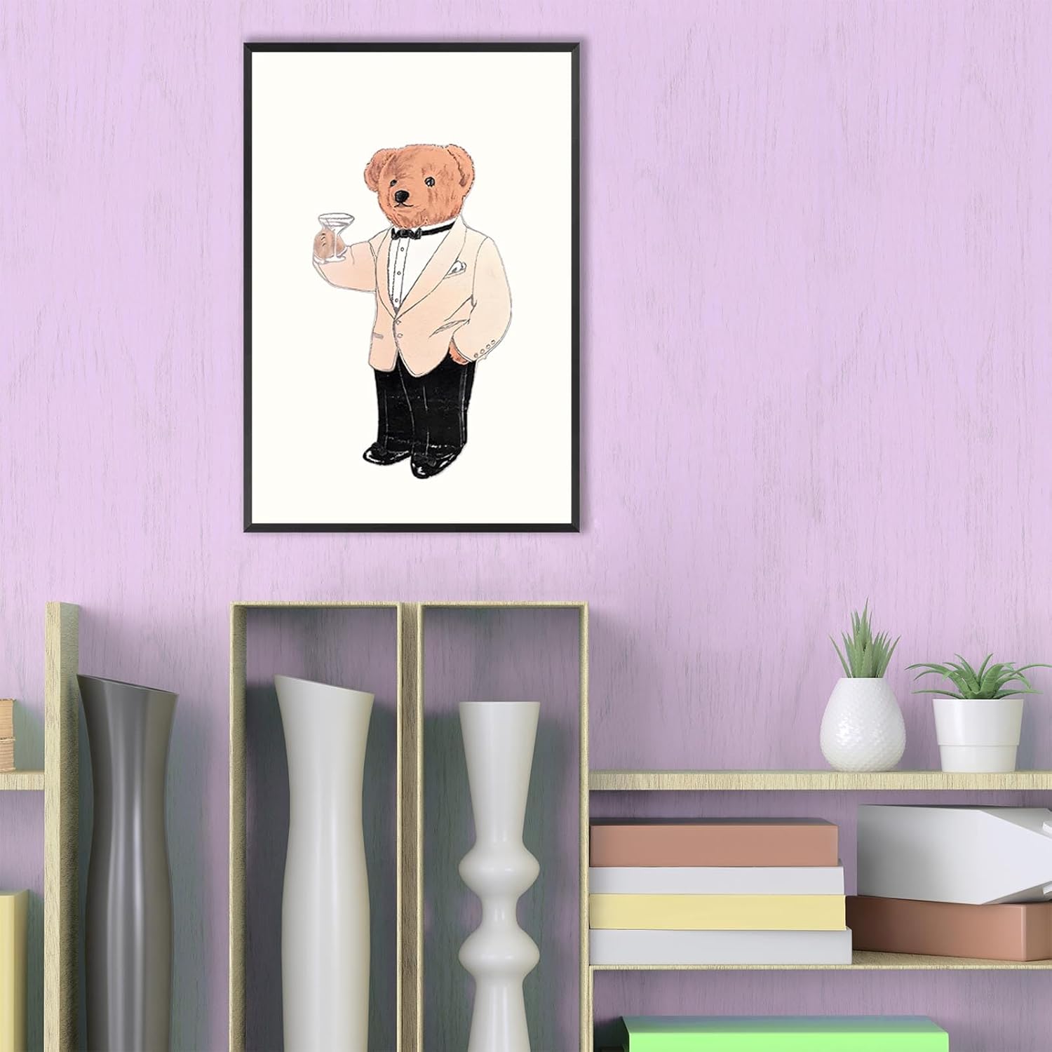 Funky Cute Bear Wine Glass Wall Art Funny Cool Bear Canvas Posters Luxury Animal Cocktails Drinks Aesthetic Prints Painting For Living Room Bedroom Dorm Wall Decor 12x16in Black Framed
