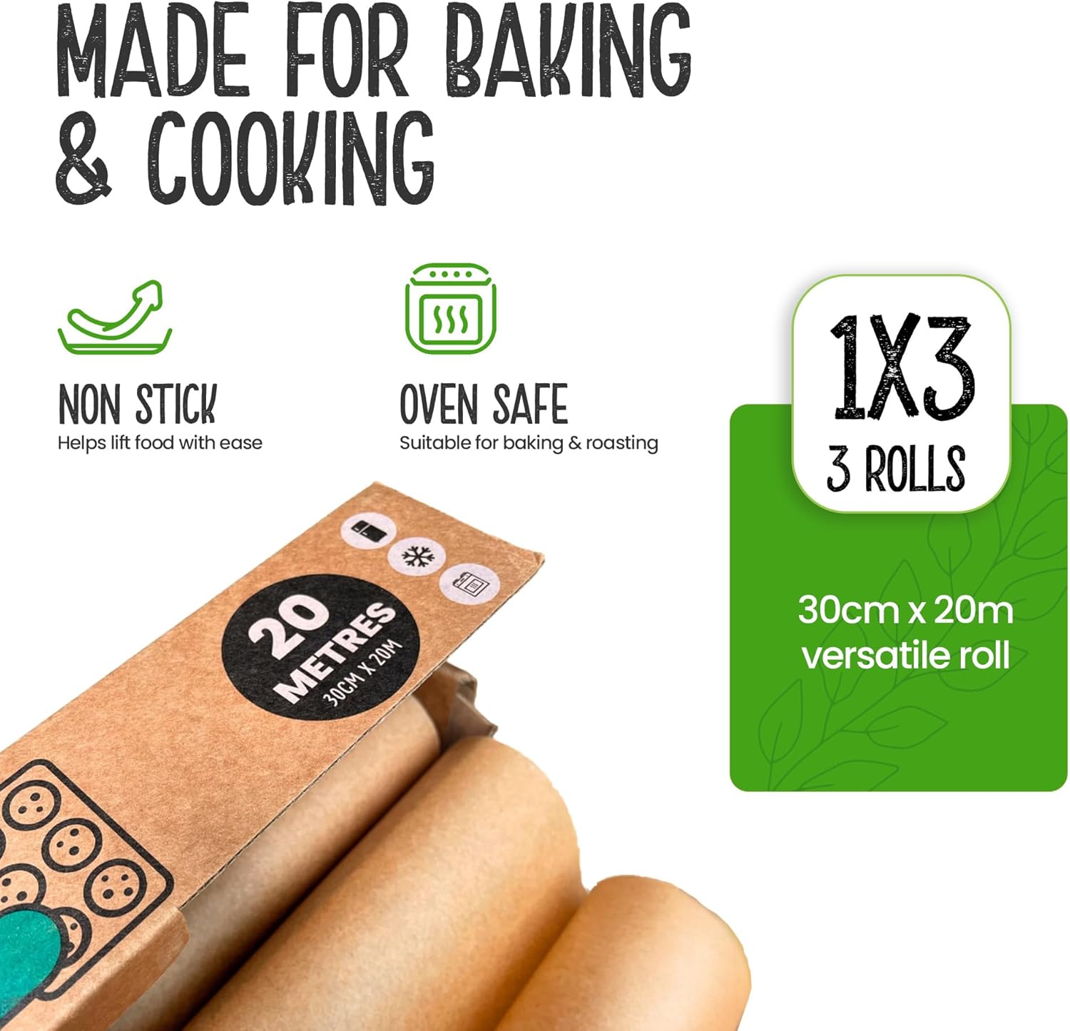 Eco Green Living Parchment Baking Paper, Unbleached Non Stick Greaseproof Paper for Baking Roasting And Cooking, Compostable Plastic Free, 30cm x 20m - Trio Pack