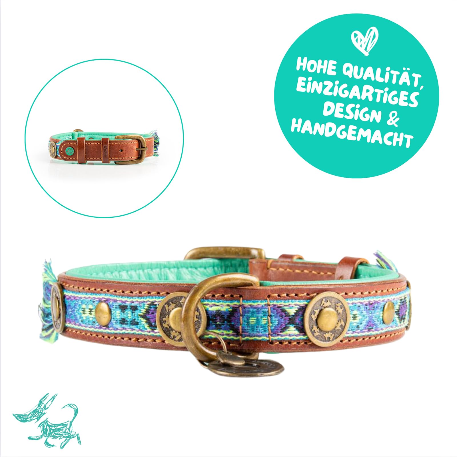 Dog with a Mission - Hundehalsband S | Farbenfroh in Blau und Türkis | Boho, Ethno, Ibiza, Hippie | Für mittelgroße Hunde | Handgemacht | Modisch und Bunt | Aus weichem Echtes Leder | 2,5 cm Breit