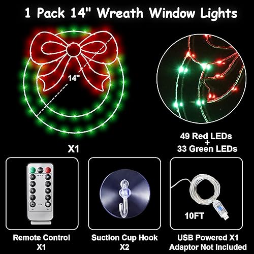 Miniatura 3 de Guirnalda de luces de ventana de Navidad, 13.5 pulgadas, 80 luces LED de corona de Navidad con lazo, temporizador control remoto alimentado por USB,