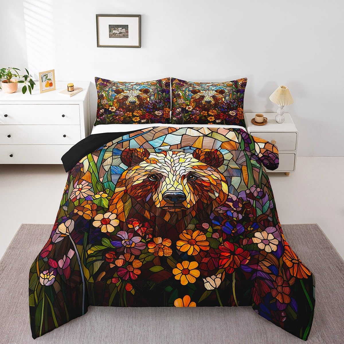 Wild Bear Kids Bedding Comforter Set Toddler,Vintage Farmhouse Animals Bedding Sets All Season,Geometric Patchwork Bedroom Quilt Set,Safari Animals Abstract Art Duvet Insert,1 Pillowcase