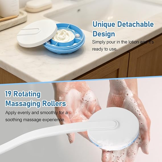 Lotion Applicator for Back, Detachable Back Cream Applicator with Long Handle,Backs Lotion Applicators with 19 Massaging Rollers,Sun Creams Applicators for Backs Leg Arm Creams