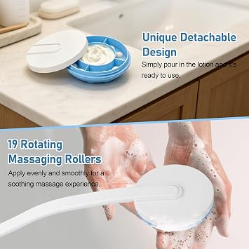 Lotion Applicator for Back, Detachable Back Cream Applicator with Long Handle,Backs Lotion Applicators with 19 Massaging Rollers,Sun Creams Applicators for Backs Leg Arm Creams
