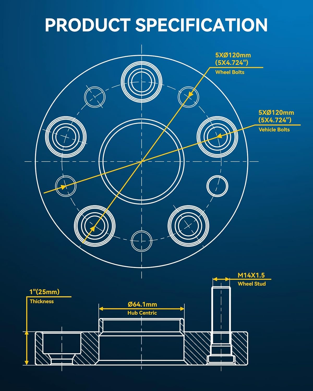 PHILTOP 1 inch 5x120mm Wheel Spacers with M14x1.5 Studs & 64.1mm Center Bore,4Pcs Forged 5x120mm Hub Centric Wheel Spacers for Pilot, Odyssey, MDX, Ridgeline, Passport, TL, TLX, RL, RLX, Civic