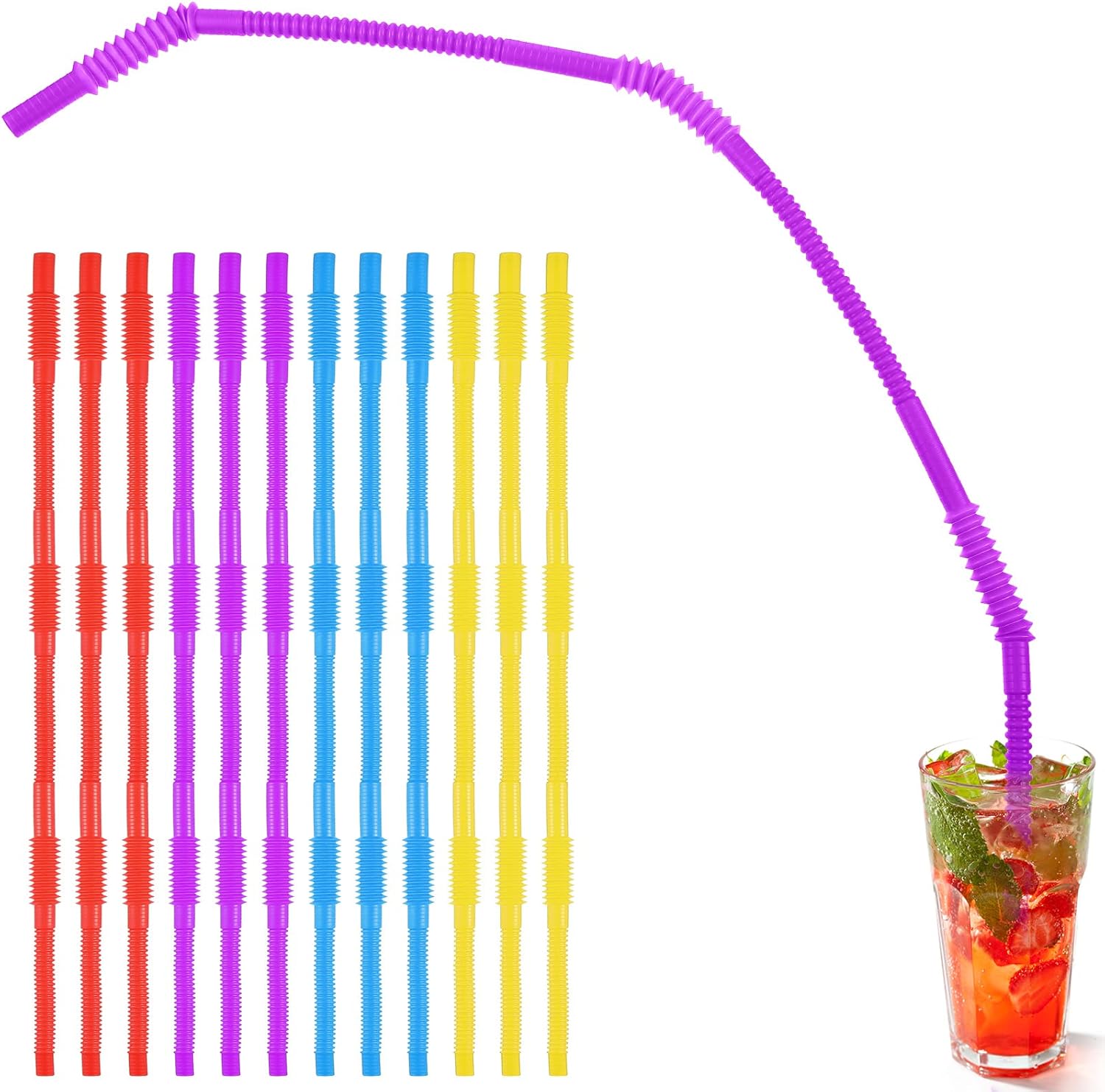 Geiserailie 12 Pieces Flexible Drinking Straws Extra Long Bendy Plastic Straws for Party Camping Limited Mobility Situations Dishwasher(Red, Yellow, Blue, Purple, 28 Inches) Red, Yellow, Blue, Purple 28 Inches