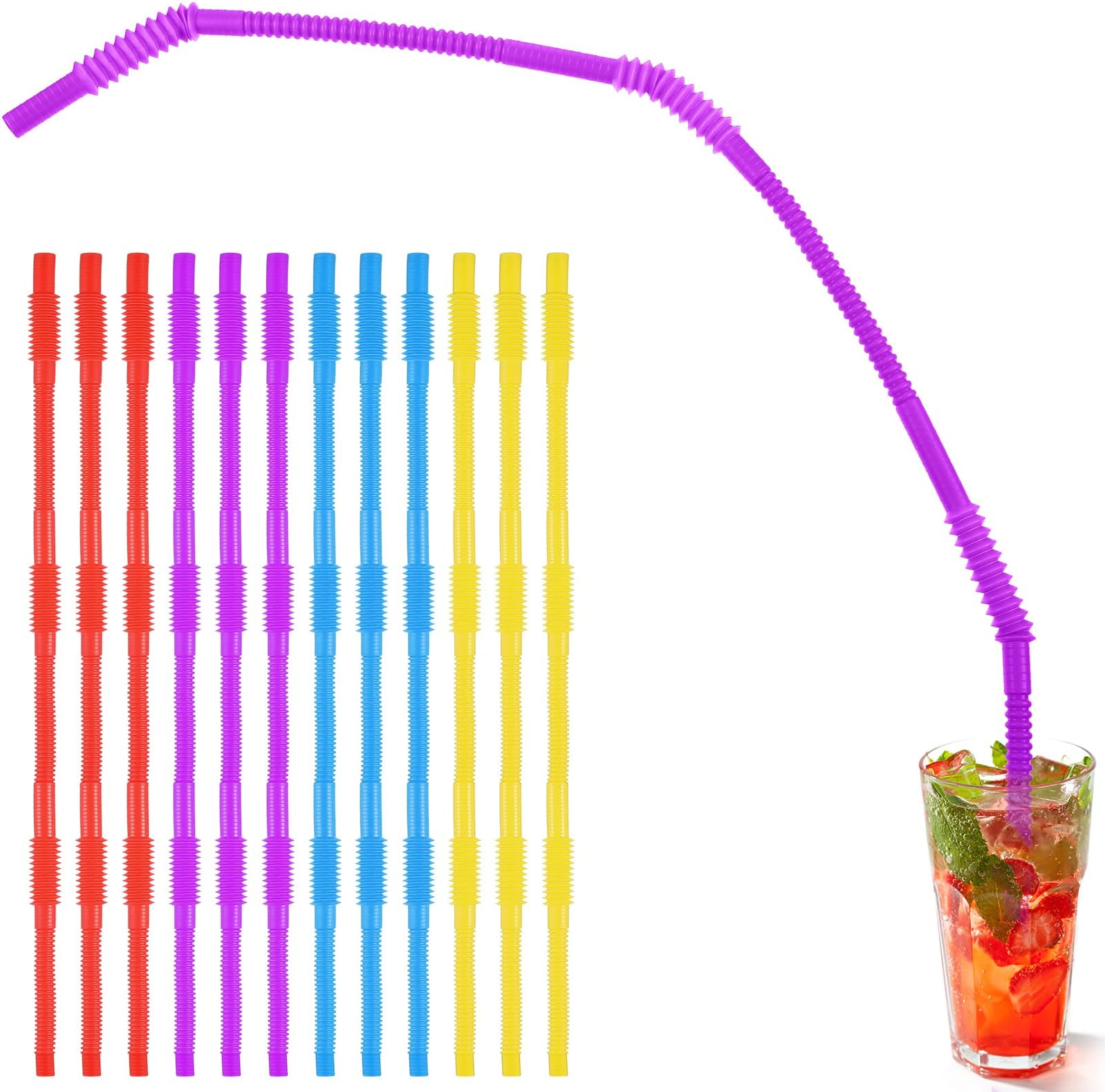 Geiserailie 12 Pieces Flexible Drinking Straws Extra Long Bendy Plastic Straws for Party Camping Limited Mobility Situations Dishwasher(Red, Yellow, Blue, Purple, 28 Inches)