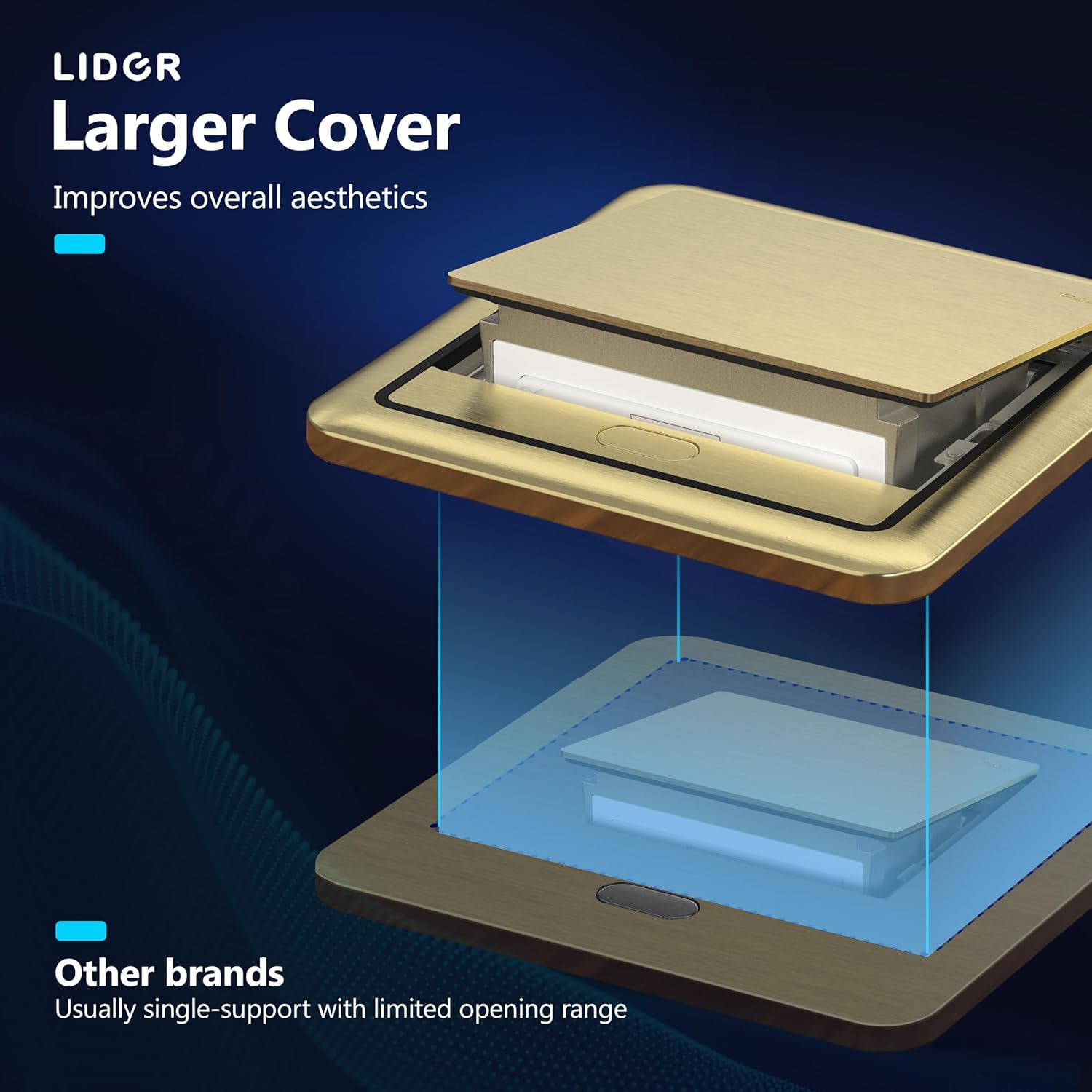 LIDER Soft Pop-Up Floor Box Kit, 20A GFCI Tamper-Resistant Receptacle, Trip Level 5mA; Galvanized Steel Enclosure, ETL-Listed, Brushed Brass