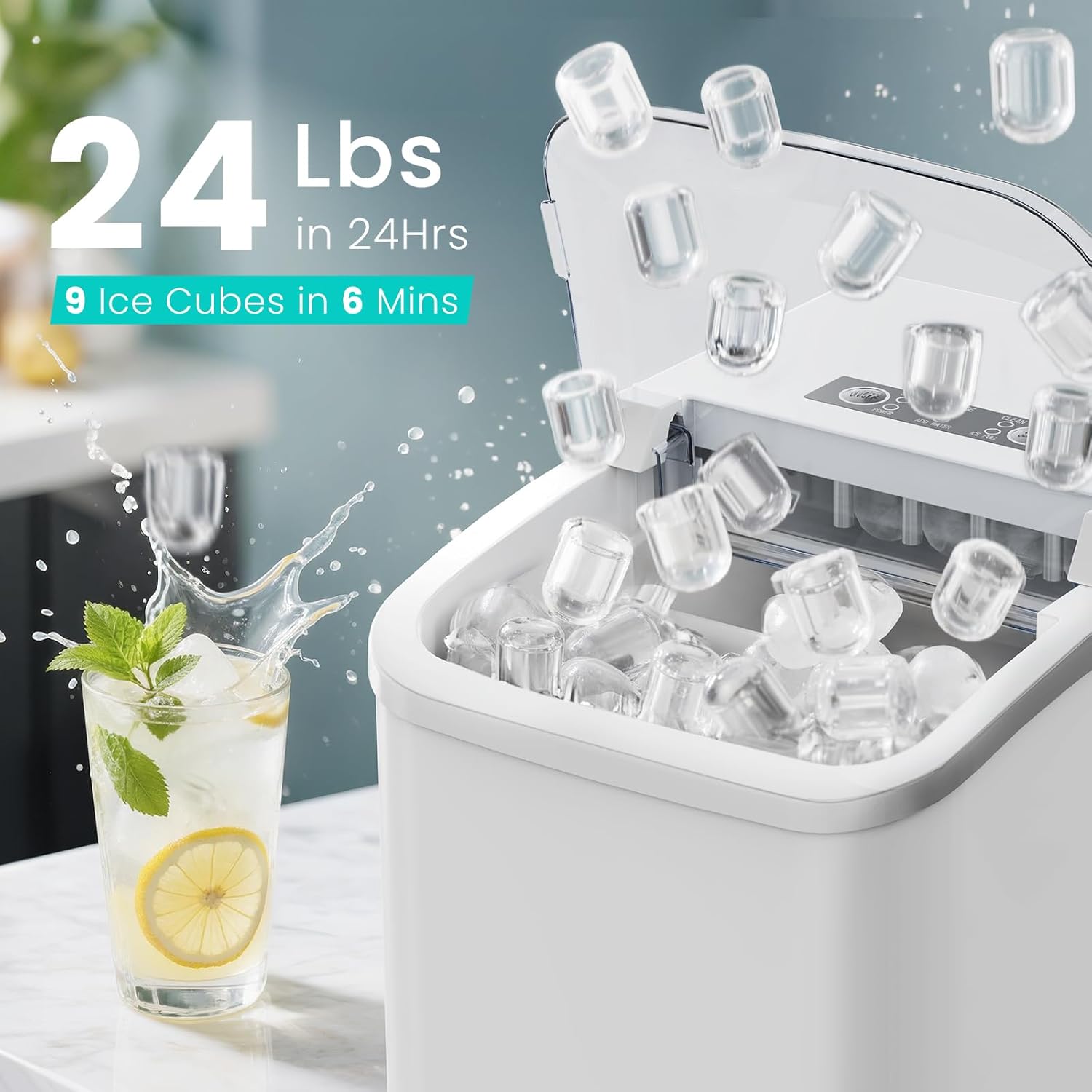 OLIXIS Countertop Ice Maker Machine with Handle, Auto-Cleaning Portable Ice Maker with Basket & Scoop, 26lbs in 24Hrs & 9 Ice Cubes in 6 Mins, 2 Ice Cube Sizes, for Home Party Camping RV, White White 12.3"*8.5"*11.7"