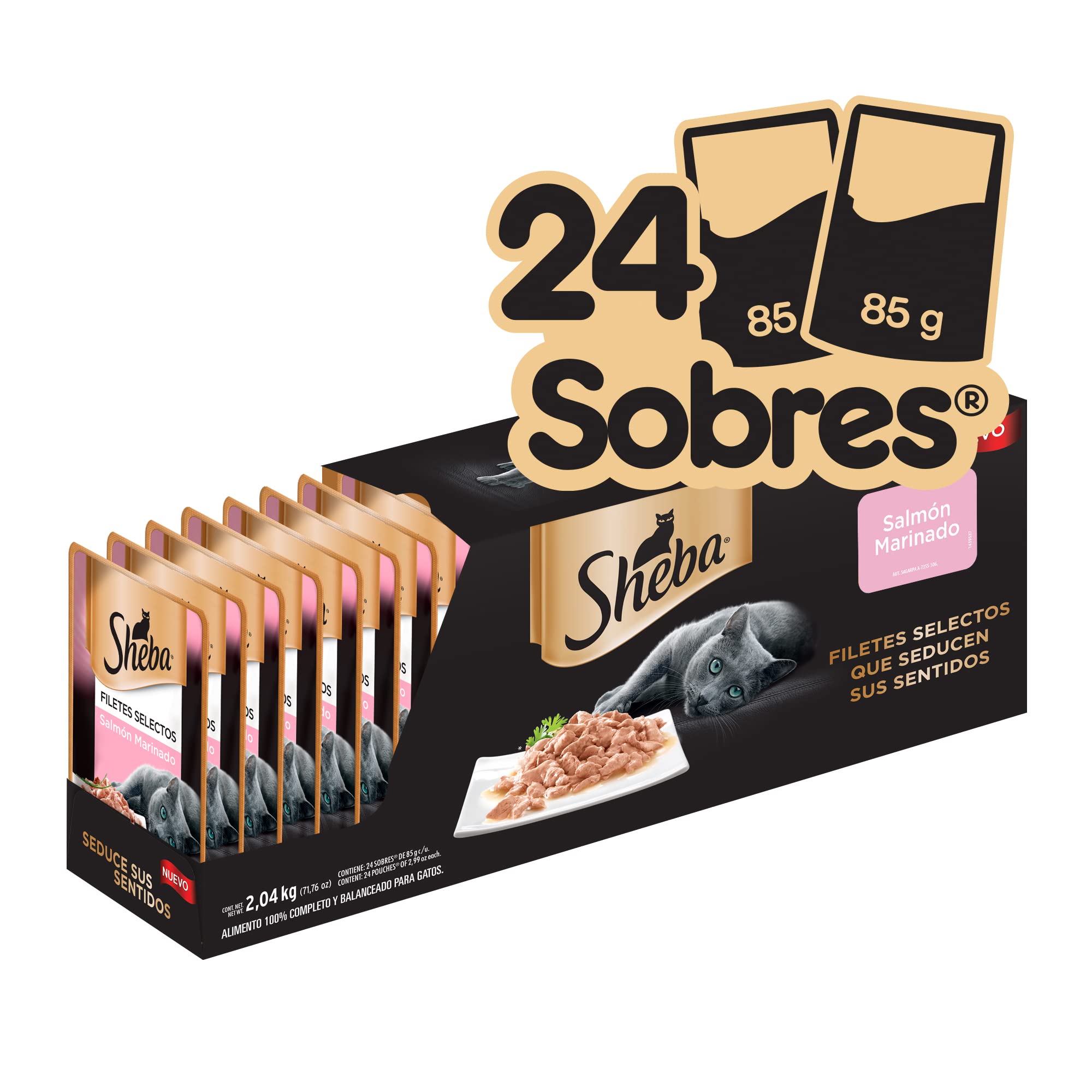 Sheba Alimento Húmedo para Gatos Adultos, Sabor Filetes De Salmón Marinado 85g c/u. Paquete de 24 Unidades