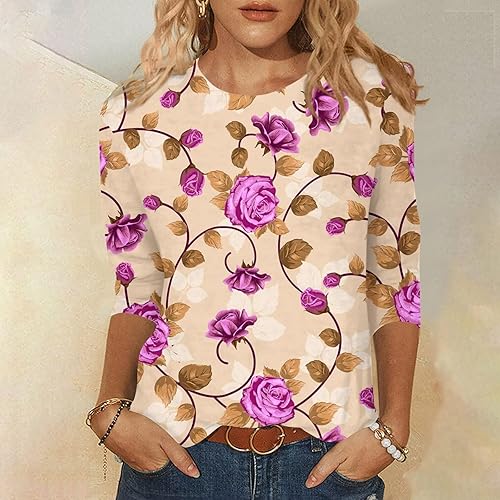 Miniatura 4 de Camisas de manga 34 para mujer, estilo bohemio, estampado, cuello redondo, casuales, básicas, blusas holgadas