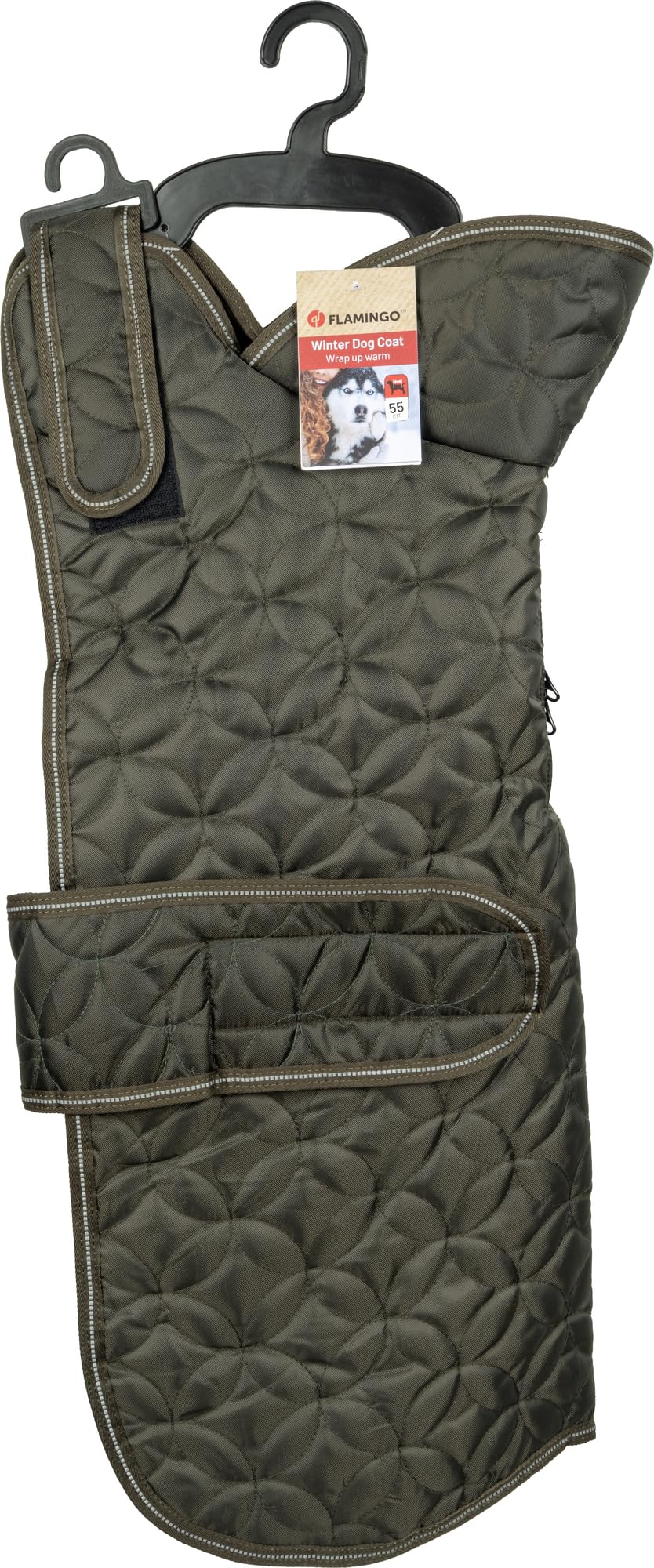 Manteau Chien – Hiver – Flamingo Ushi Kaki – A:55cm B:57–66,5cm C:70–77cm – Polyester – déperlant – Bandes réfléchissantes – intérieur Polaire