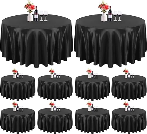 Paquete de 10 manteles de satén de 120 pulgadas, color negro, redondo, sedoso, de tela lavable, de seda brillante, para decoración de bodas,
