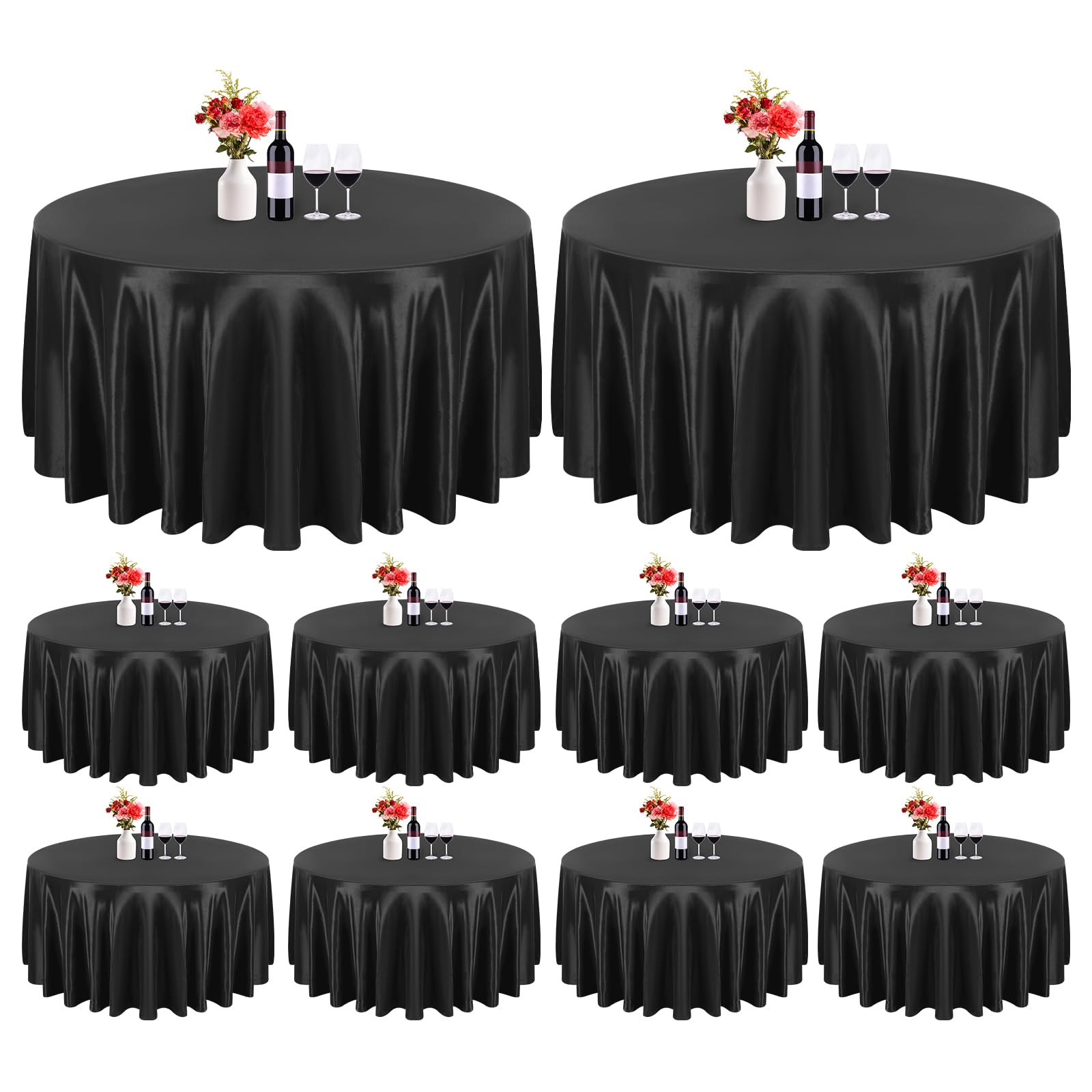 10 Pack Satin Tablecloth 120 Inch Black Round Silky Satin Table Cover,Bright Silk Smooth Washable Fabric Table Cloth, Overlay Silky Table Cover for