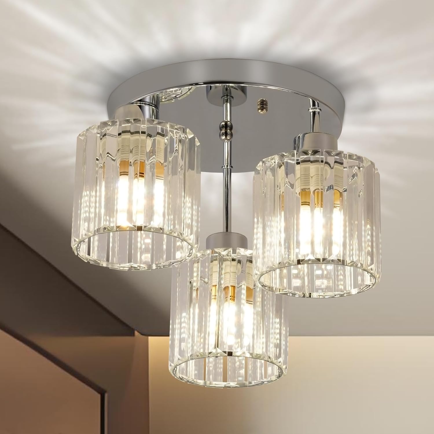 modern crystal chandeliers ceiling light, 3-lights crystal ceiling lights living room, silver semi flush ceilings light fittings for hallway, bedroom, foyer, kitchen light fixture
