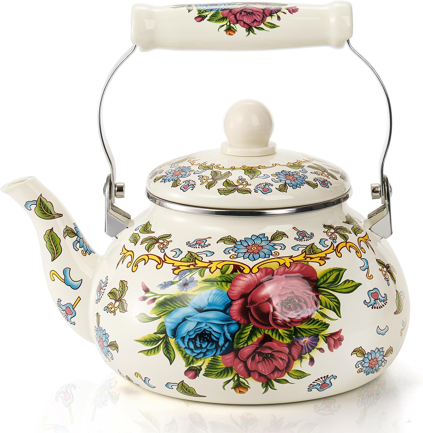 Fasmov 2.5L Enamel Teapot, Large Porcelain Enameled Teakettle, Floral Colorful Tea Kettle with Handle for Stovetop, Retro Steel Teapot for Hot Water, No Whistling