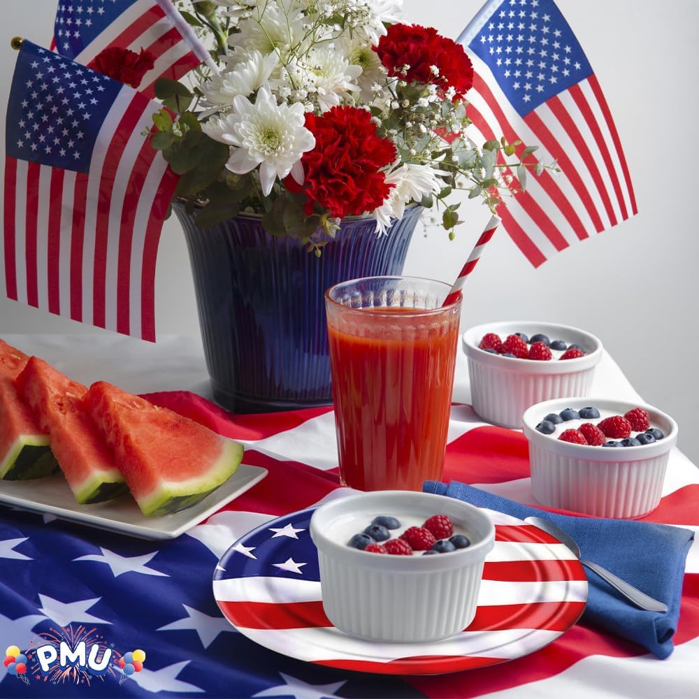 PMU Patriotic Stars and Stripes American Flag Plates 9-inch, 4th of July Decorations, Patriotic Party Tableware for Holidays, Decoration, Veterans, Election & Independence Day, (8/Pkg) Pkg/12