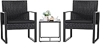 Flamaker 3-Piece Outdoor Wicker Patio Furniture Set - Modern Rattan Conversation Chairs with Coffee Table for Yard, Garden, Bistro (Black)