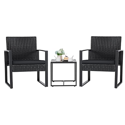 Flamaker 3 Pieces Outdoor Patio Wicker Furniture Set, Modern Rattan Chair Conversation Sets with Coffee Table for Yard and Bistro (Black) - Black