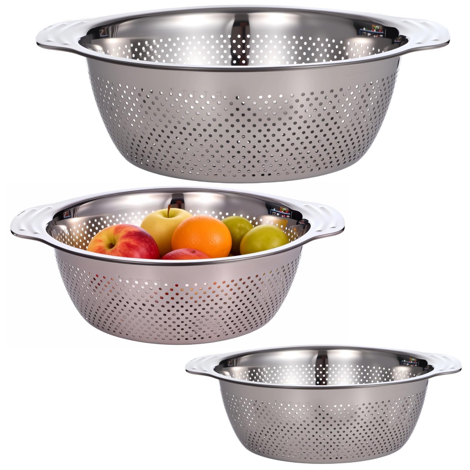 3 Stk. Edelstahl-Seiher, 6,7/7,5/9,1 Zoll, ineinander stapelbare Siebe, schnell ablaufende gelochte Schüsseln mit breiten Doppelgriffen, Nudelsiebe für Obst, Gemüse, Spaghetti
