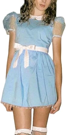 Tsultryofs Women Halloween Babydoll Dress Grady Twins Costume Adult Chiffon Puff Sleeve Mini Dress Sister Cosplay Outfit