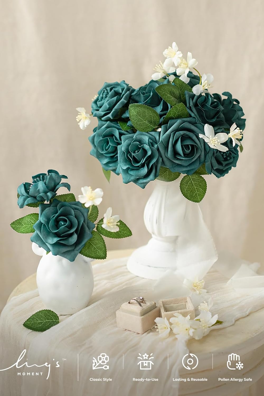 Ling's moment Artificial Flowers Fake Roses Faux Foam Flower Combo for DIY Wedding Bouquets Centerpieces Arrangements Bridal Shower Party Home Decorations, Dark Teal, 24pcs - Image 2