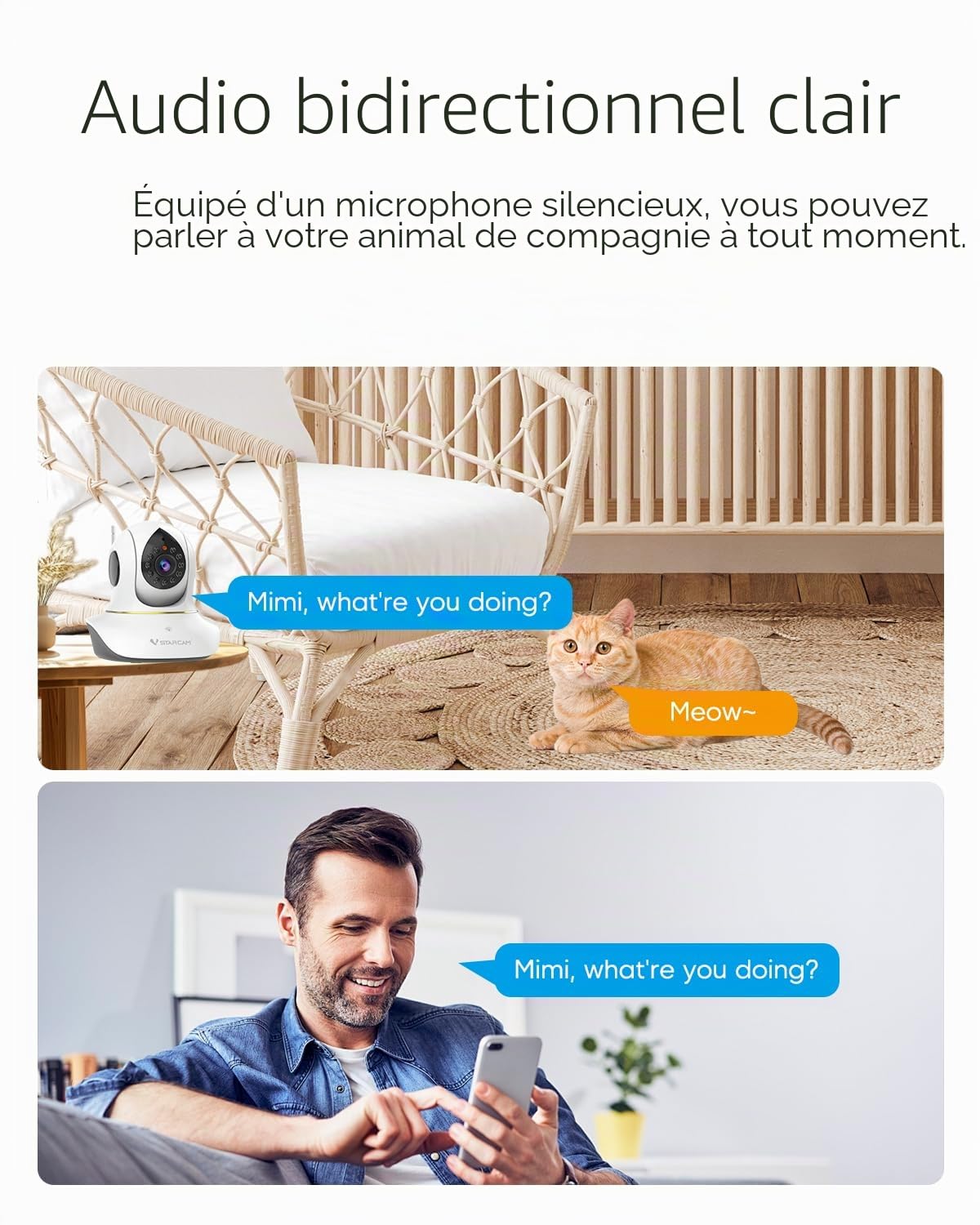 VSTARCAM Caméra interactive 2K pour chats avec application pour téléphone, vision nocturne infrarouge, détection de mouvement, audio bidirectionnel, caméra intérieure pour chien pour sécurité à
