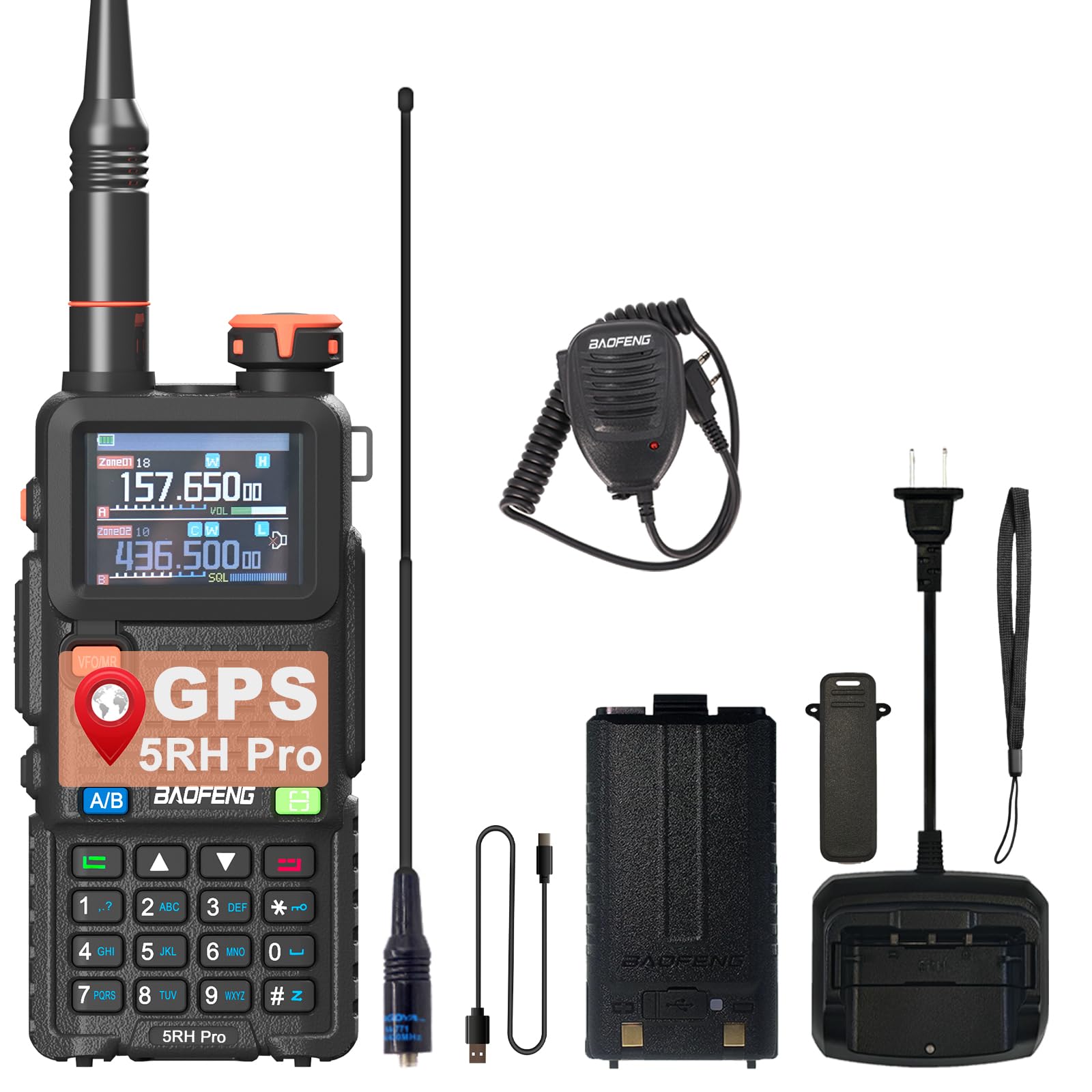 BAOFENG5RH Pro GPS Walkie Talkie APRS Radio Upgraded UV-5RH 10W High Power 640 Channels One Key Copy Frequency USB-C Charging With Shoulder Speaker Mic