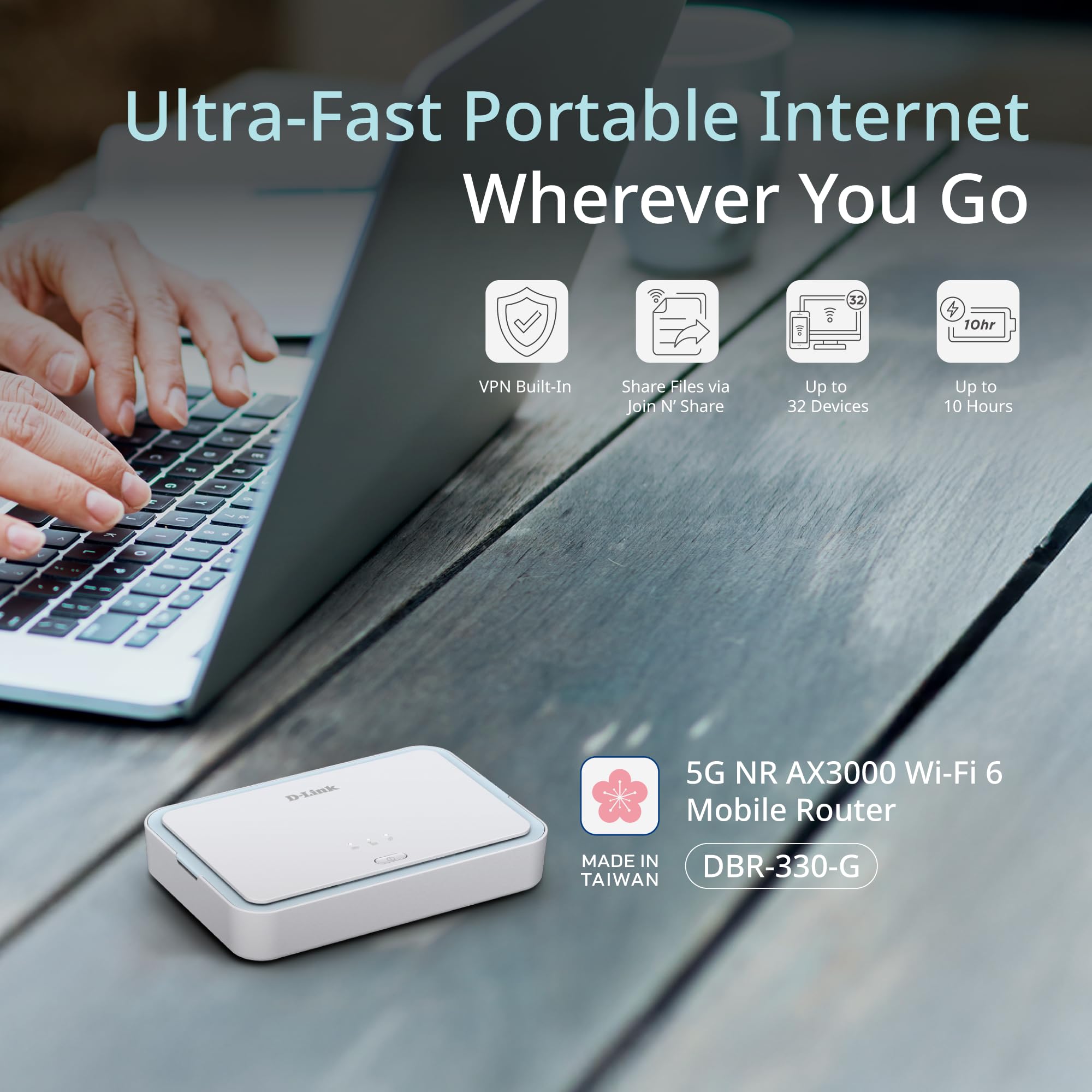 D-Link 5G NR AX3000 Mobiler Wi-Fi 6 Router (DBR-330-G) – Bis zu 4,67 Gbit/s 5G, Dual-Band AX3000, 5260-mAh-Akku, 32 Geräte, MicroSD-Freigabe, USB-C, Tragbarer 5G-Hotspot