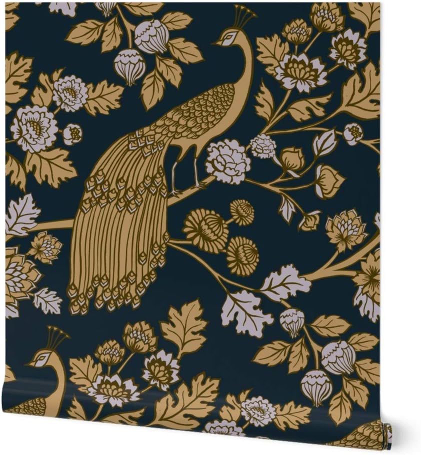 Removable Wallpaper 3ft x 2ft - Peacock Garden Rococo Baroque Chinoiserie Ornamental Decorative Midnight Gold Ornate Asian Black Custom Pre-Pasted Wallpaper by Spoonflower