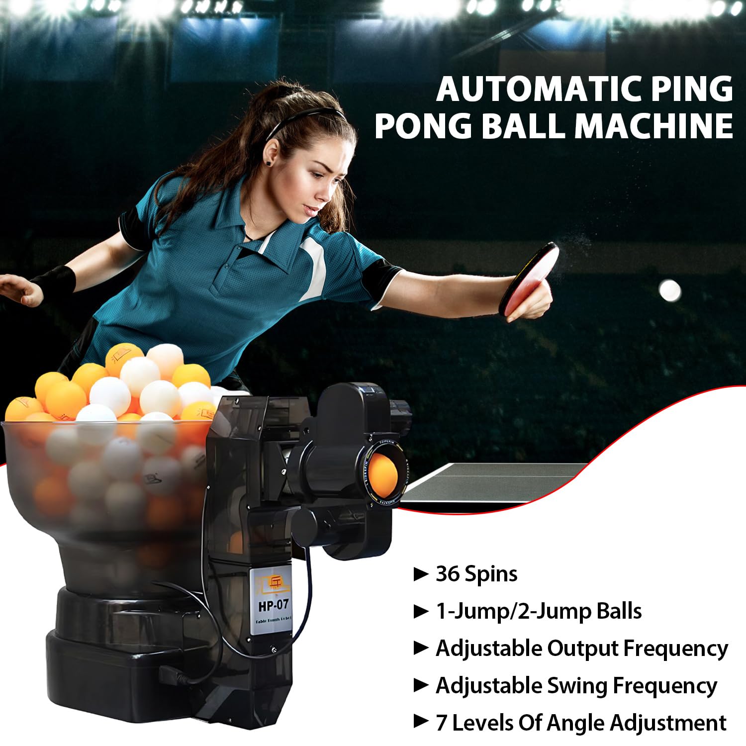 Machine automatique de balle d'entraînement de tennis de table, peut être équipée de plus de 100 balles, 7 angles réglables, peut émettre 36 types de balles rotatives, fréquence réglable
