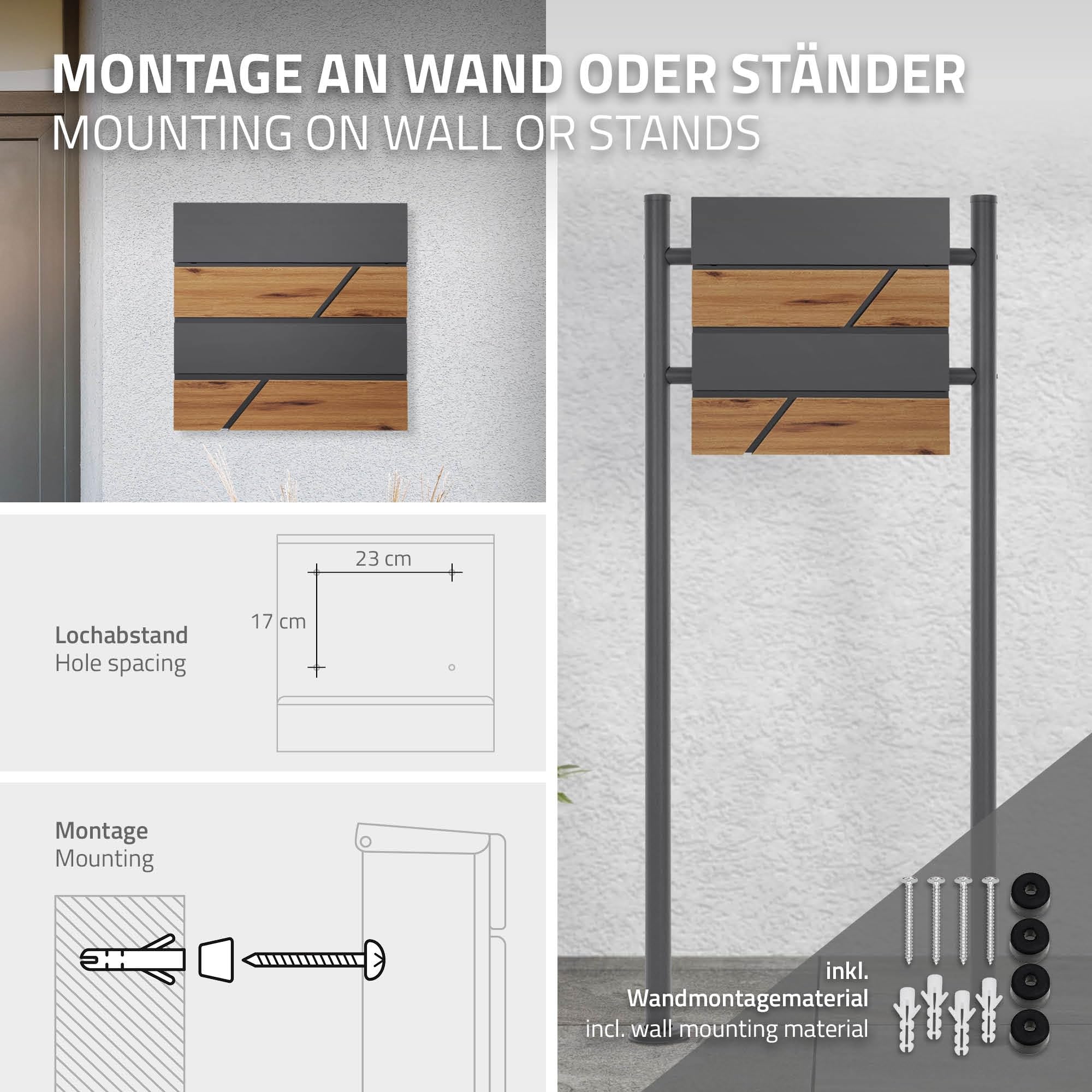 ML-Design Buzón De Correo con Compartimento para El Periódico 37x37x11cm Acero Antracita Natural Aspecto De Madera Cerradura con 2 Llaves Solapa De Cierre Total Moderno Montado En La Pared Exterior