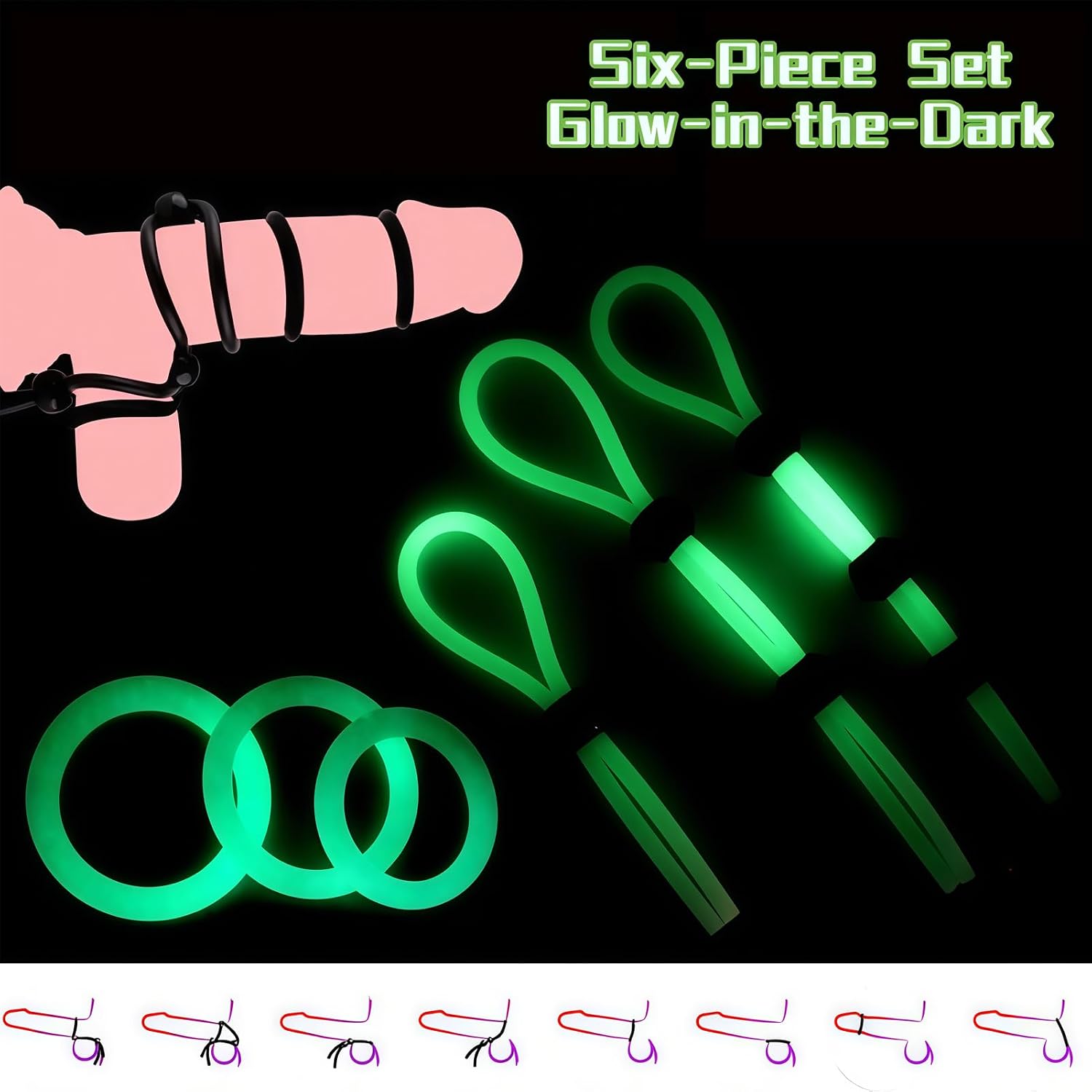 6PCS Adjustable Cock Ring Set Male Rings Basic Penis Ring Sex Toys, Silicone Male Cock Ties String with Adjustable Beads Longer Harder Stronger Erection Sex Products (Luminous)