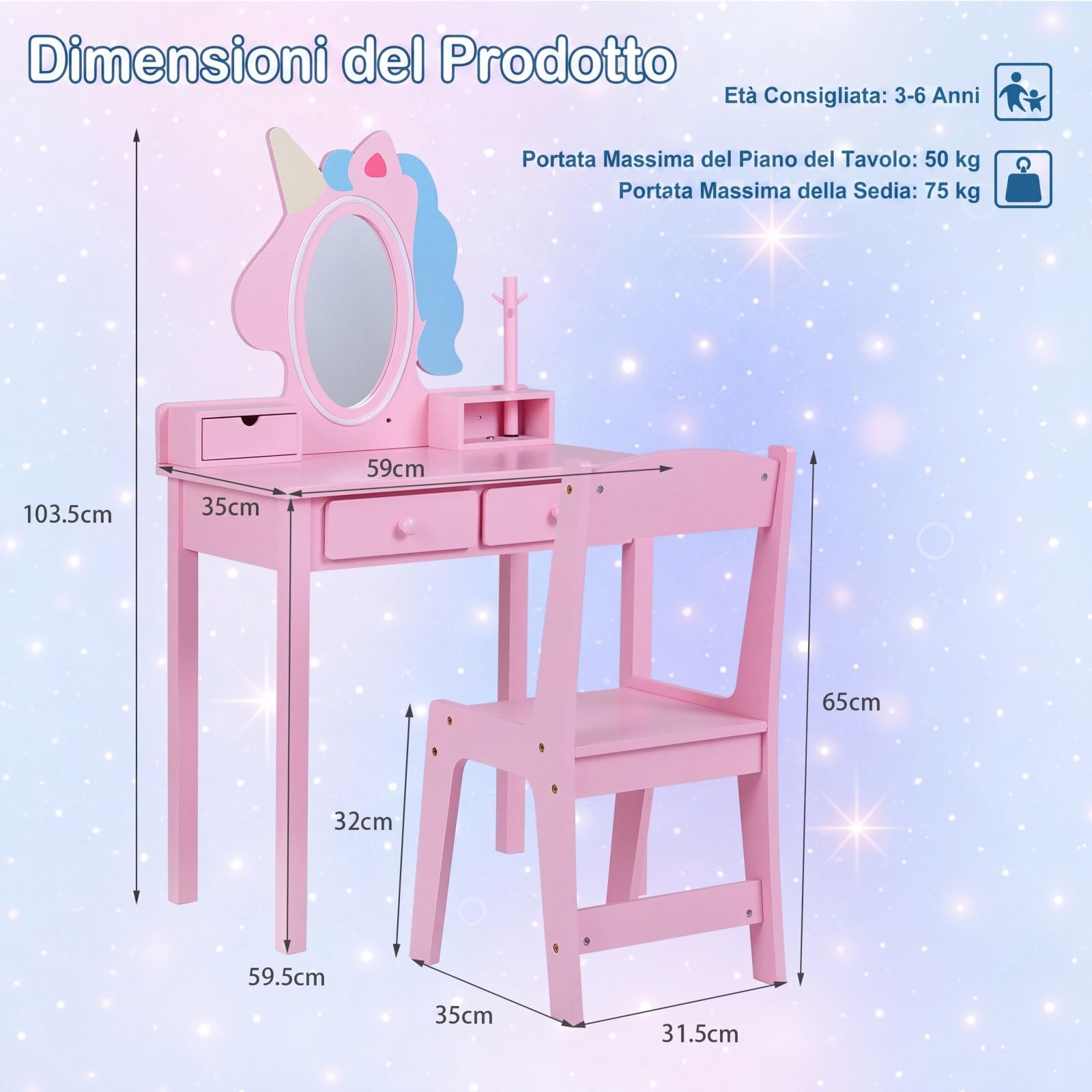 COSTWAY Toeletta Trucco per Bambini a Unicorno con Specchio Ovale, Rosa | Postazione Trucco in Legno con Tavolino con Cassetti, Mensole e Scaffale & Sgabello & Specchio Rimovibile per Cameretta