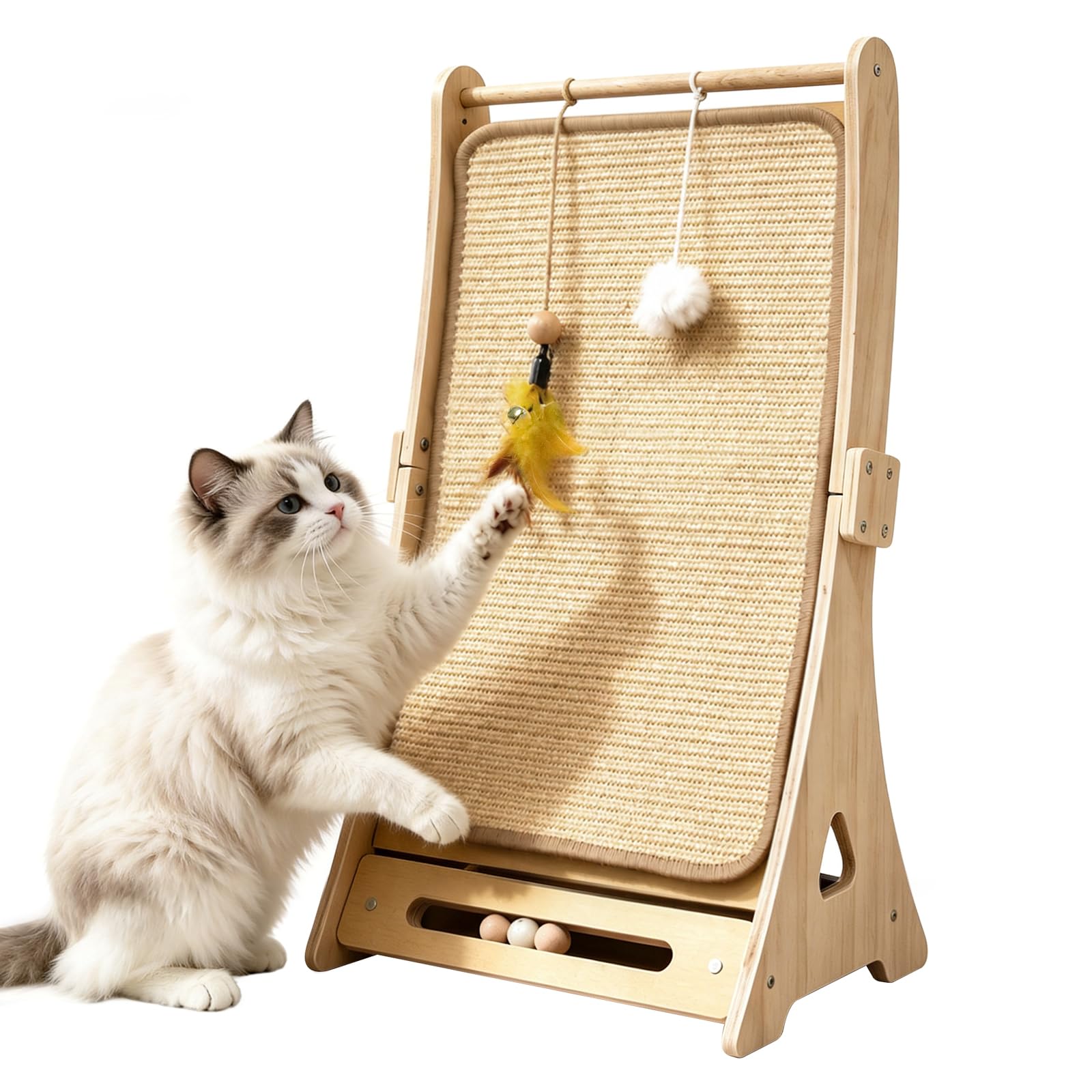 DONWEI Rascador para Gatos Sisal, Curvo Apto Pared y Esquina Todo Felinos | Torre Ergonómica 60° Doble Uso, Base Haya Maciza, Rascador Sisal Denso Reemplazable, 3 Juguetes Para Gatos Grandes, 65CM