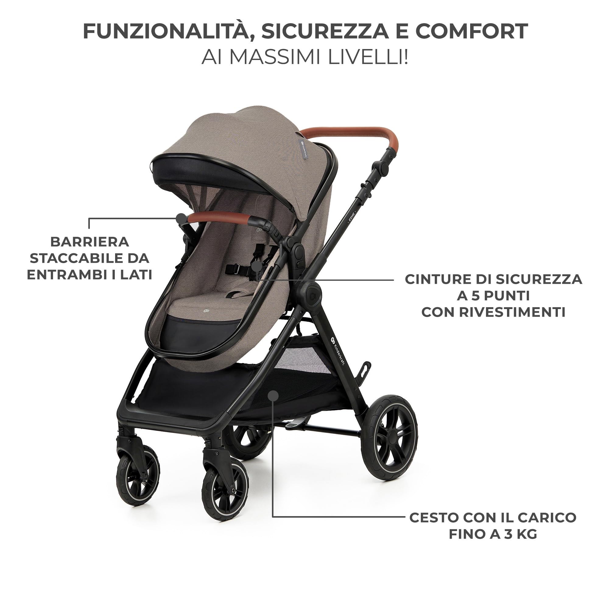 Kinderkraft ESME Trio passeggino neonati 3 in 1 fino 26 kg, Ovetto I-SIZE 40-75 cm, Carrozzina reversibile, Pieghevole, Beige