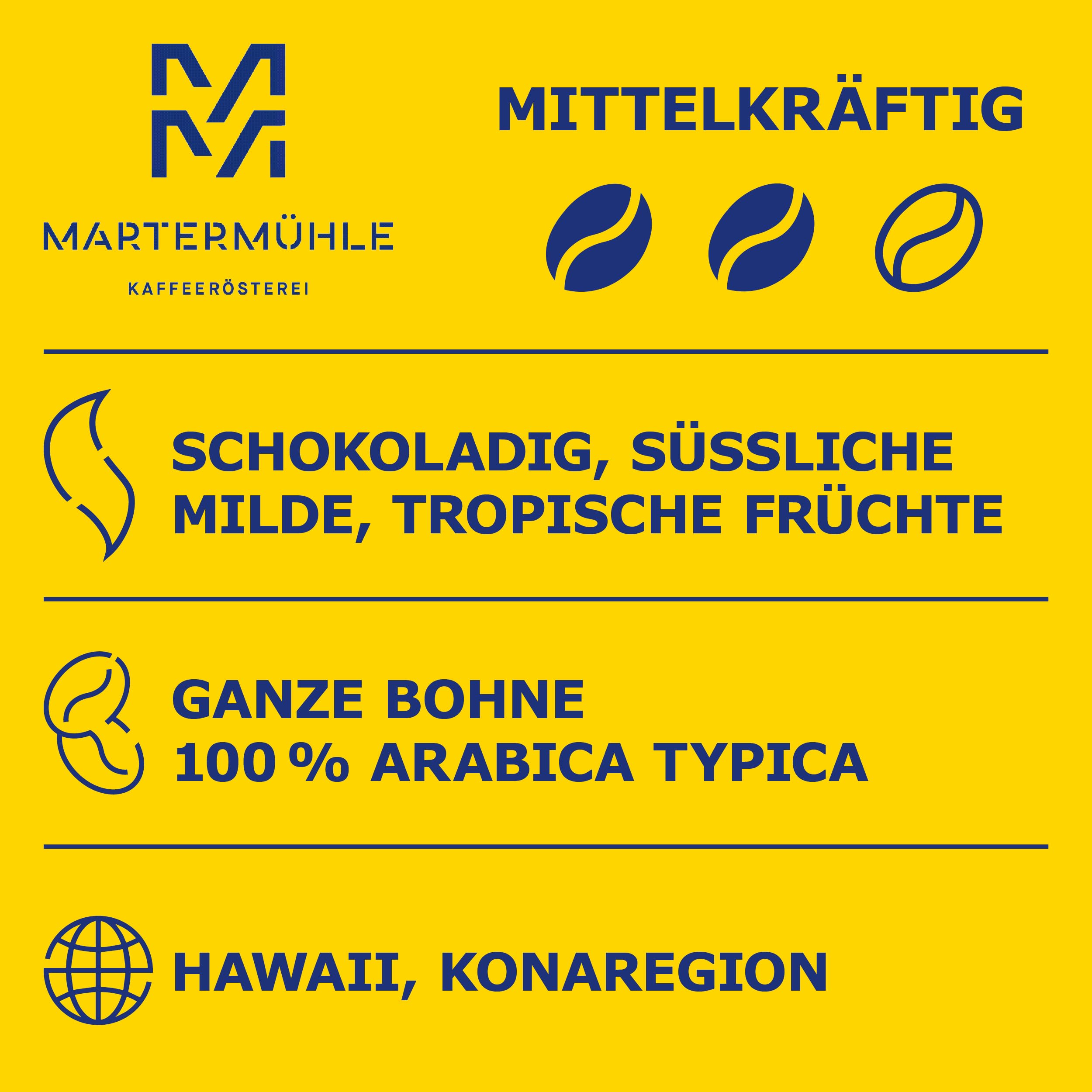 Martermühle Hawaii Kona Pacific Gold Kaffeebohnen 500g mild I Arabica I Aromen: tropische Früchte, süßliche Milde I Ganze Kaffee-Bohnen schonend geröstet, säurearm