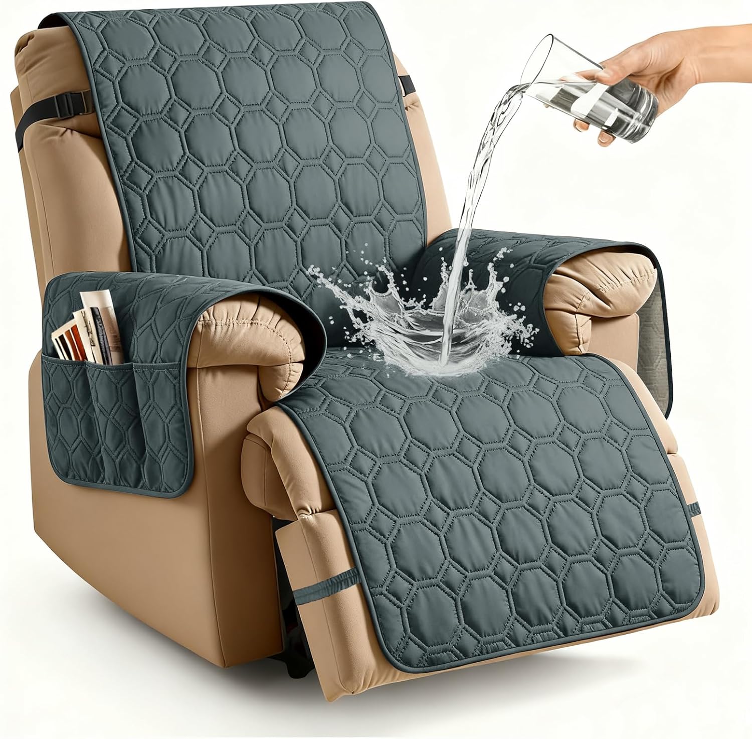 XINEAGE 100% Waterproof Recliner Chair Cover, Non Slip Covers for Recliner Chair with Pocket, Washable Dog Recliner Couch Cover with Elastic Straps (Grayish Blue, 23.6")