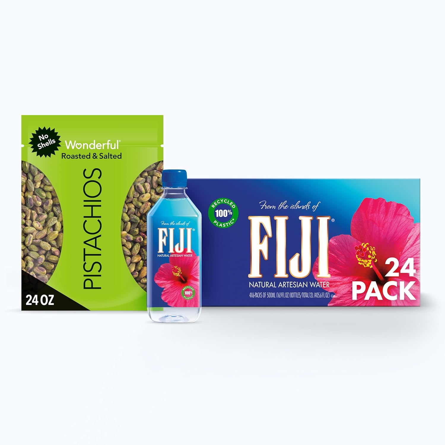 Wonderful Pistachios + FIJI Water - No Shells Roasted & Salted Pistachio Nuts 24 oz, FIJI Water 500mL 24-pack