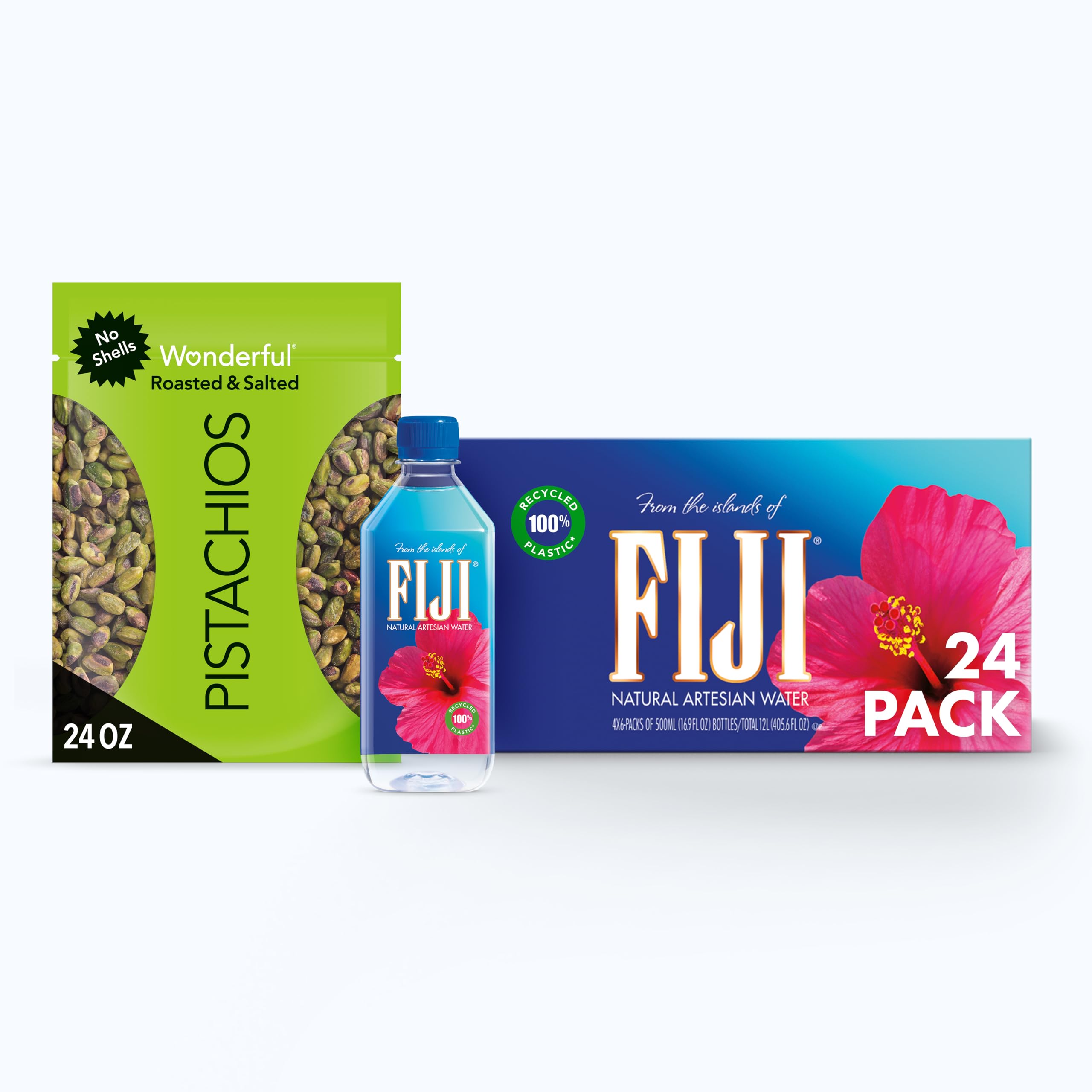 Wonderful Pistachios + FIJI Water - No Shells Roasted & Salted Pistachio Nuts 24 oz, FIJI Water 500mL 24-pack