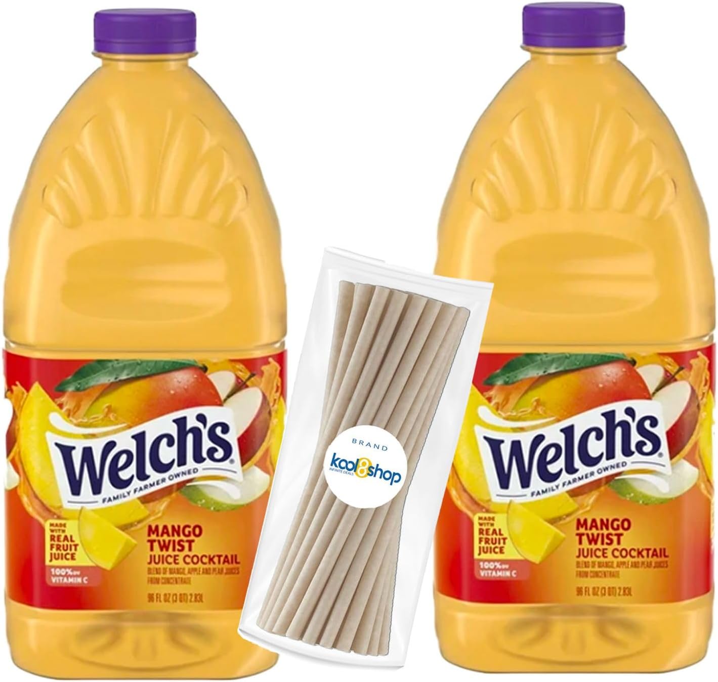 Mango Twist Juice Drink 96 fl oz Plastic Bottle 2 Pack + 15 Sugarcane Disposable Straws by KOOL8SHOP Infinite Deals