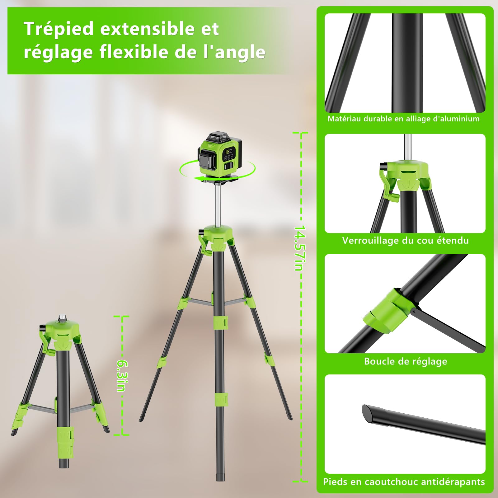 Niveau Laser Chantier Autonivelant 360° x 4, Lazer Niveaux 4D 16 Lignes Laser, Autonivellement et Mode Pulsé Extérieur, 2 x Batterie, Nivellement Automatique, Support Rotatif, Télécommande, Trepied