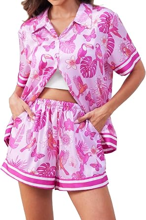 Brosloth Womens Silk Pajamas Summer Short Sleeve Animal Print Satin Pj Sets | 2 Piece Animal Print, Button Up Shorts Lounge Set, Floral Sleepwear, Soft, Lightweight, and Skin-Friendly, Luxury Gift