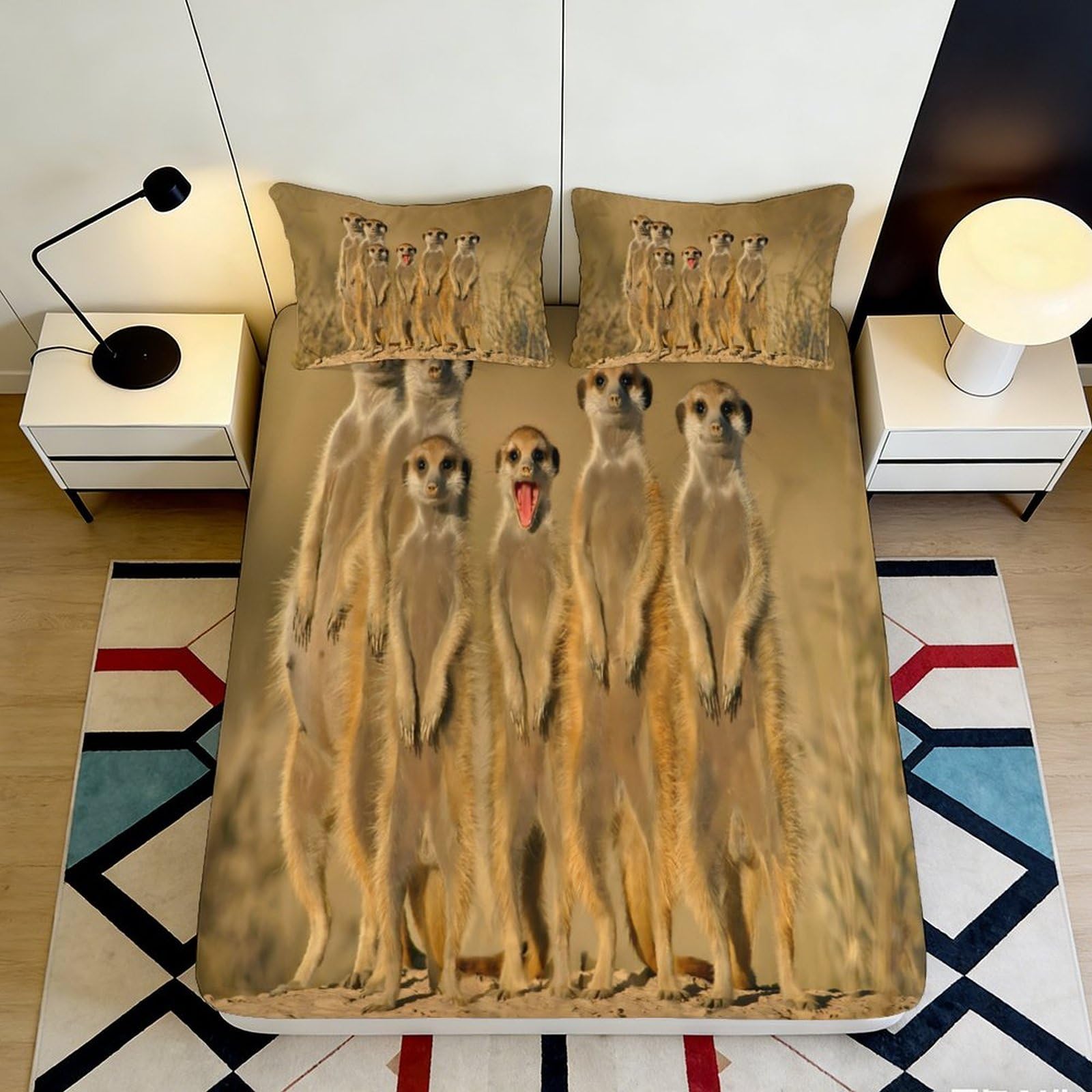 3D Printed Meerkat Wildlife Fitted Sheet Microfiber Beige Animal Bed Cover for Bedroom Guest Room Dorm Mattress Protection Decor 90x200x25cm
