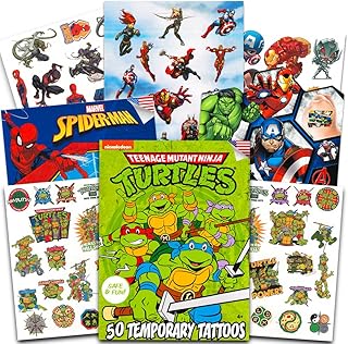Super Hero Tattoos Party Favors Set - 150 Superhero Temporary Tattoos Featuring Marvel Avengers, Spiderman and Teenage Mutant Ninja Turtles Bundle with Avengers Reward Stickers