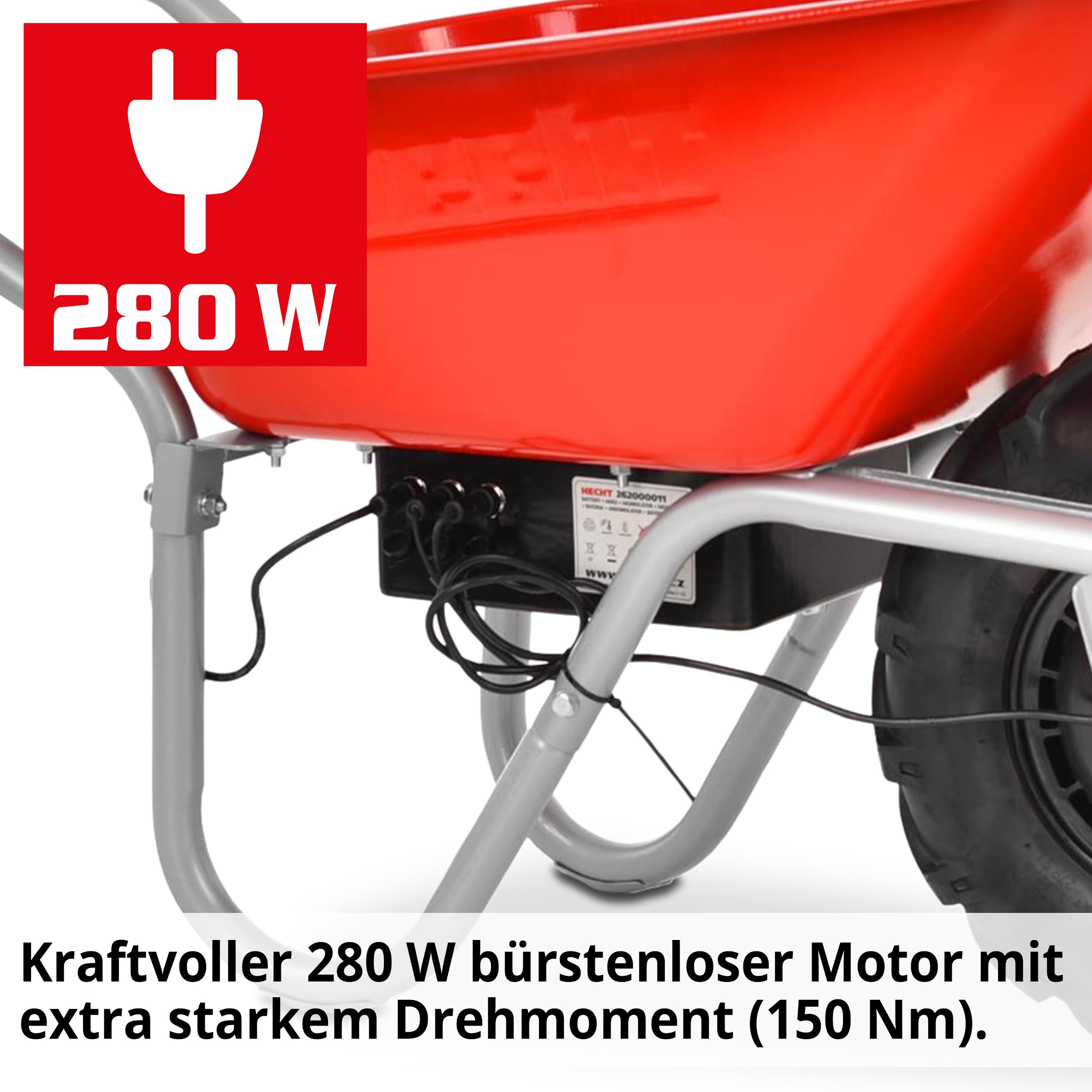 HECHT elektrische Schubkarre 80 L – 260 kg Motorschubkarre | Elektro-Dumper mit 280 W Motor, Luftreifen auf Stahlfelge und pulverbeschichteter Stahlwanne für Garten und Transport